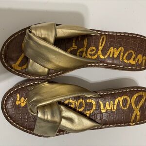 Sam Edelman Gold Twist-Strap Cork Wedge Mule